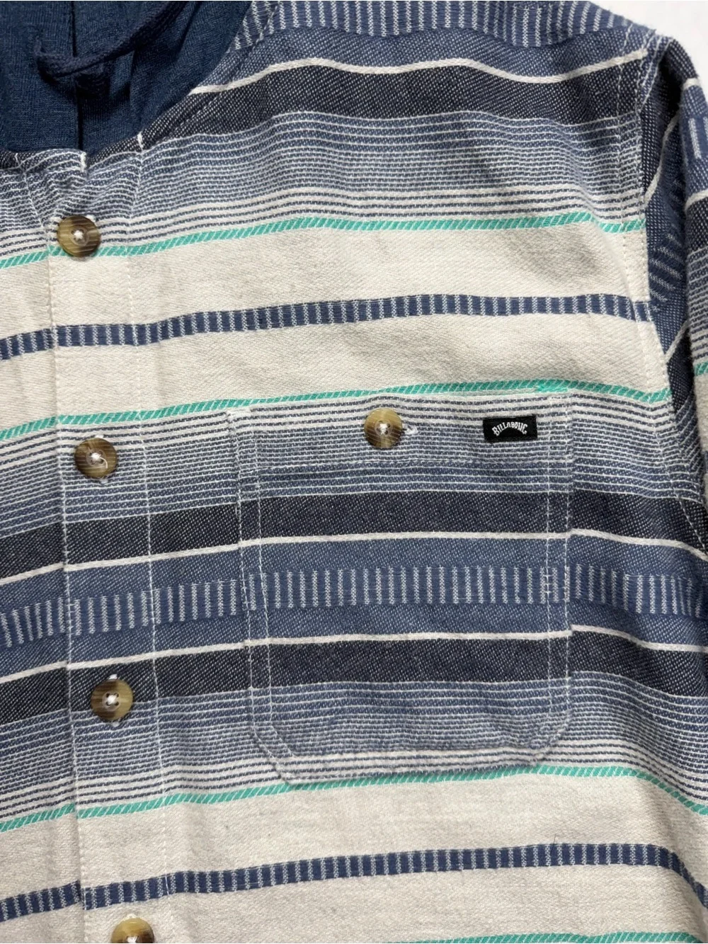 Billabong Striped Button-Up Hooded Shirt Jacket - Blue, Cream, Teal
